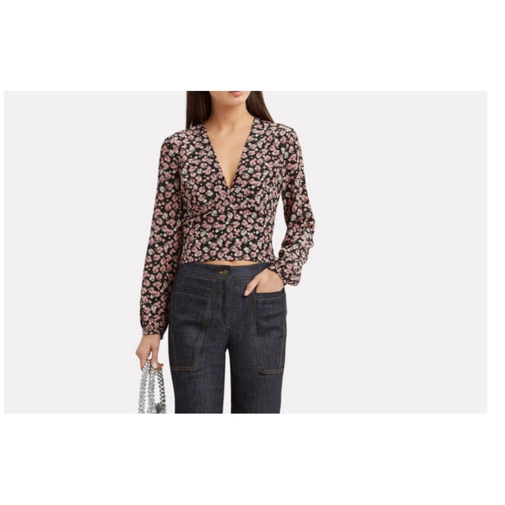 Intermix‎ Womens Long Sleeve Floral Print V Neck Blouse Black Pink M Silk